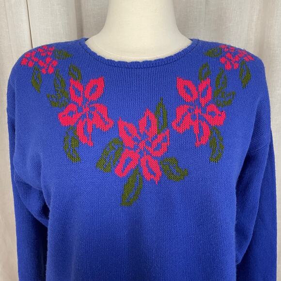 Vintage Sweater Womens Size Medium Blue Pink Floral Knit Crewneck Grandma 80s - Picture 2 of 10